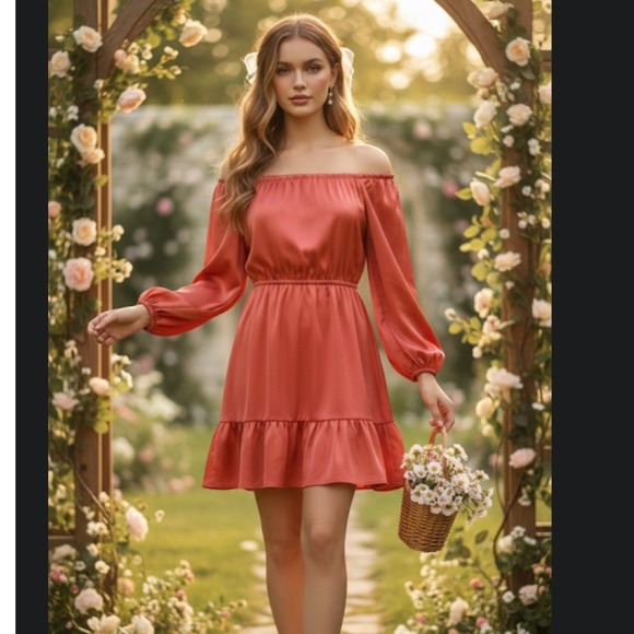 HYFVE Dresses & Skirts - HYFVE Large coral Ruffle babydoll satin‎ mini Dress coquette cottage romantic